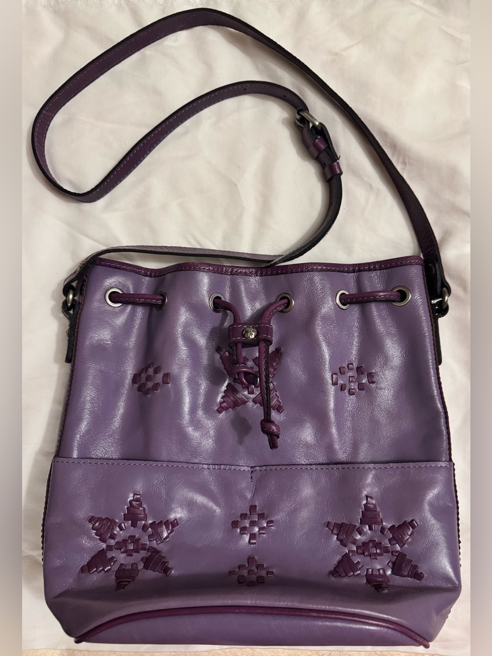 Patricia Nash Hand Tooled Amethyst Leather Bucket Drawstring Handbag